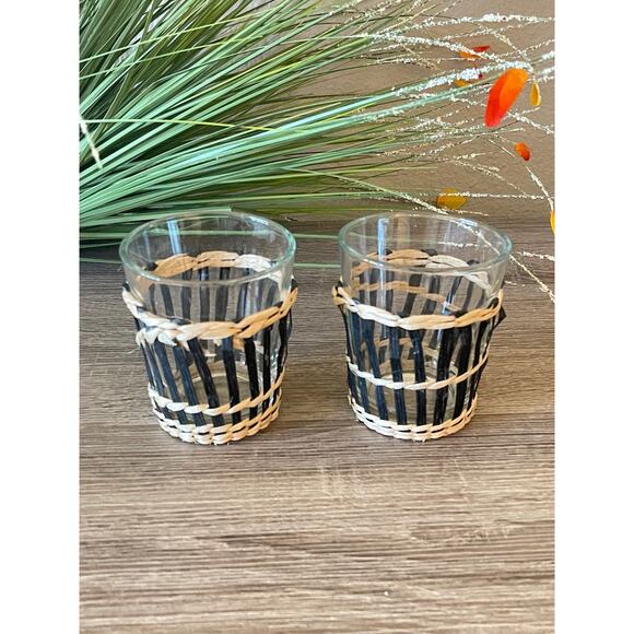 Black & Brown Jute Wicker Whiskey Glass 2 Piece Set 10 oz - Picture 1 of 5